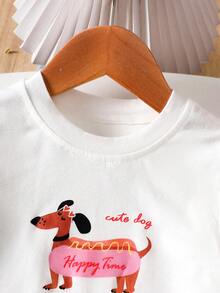 SHEIN 2件套女婴幼儿/新生儿0-3岁休闲日常腊肠犬图案圆领T恤+粉色条纹短裤套装，春夏款 - 粉色 - 查看 5