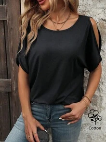 EMERY ROSE Women's Fashionable Black Drop Shoulder Casual T-Shirt - Black - View 1