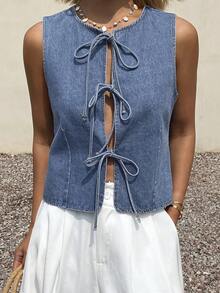 DAZY Women's Casual Tie-Up Sleeveless Denim Blouse - Blue - View 5