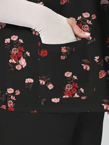 PopScrub Rennaissance Work Rose & Ditsy Floral V-Neck Short Sleeve Pocket Nursing Top,Plus Size Slit Design Spring/Summer Nurse Scrub Uniform,Black Pattern - Multicolor - View 4