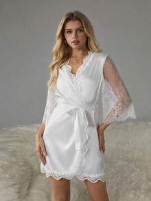 HautHeat Women's V-Neck Lace Tie-Waist Design Casual Loungewear Robe - White - View 3