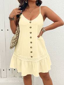 EMERY ROSE Women's Plus Size White Summer Boho Beach Holiday V-Neck Sleeveless Spaghetti Strap Front Button Textured Camisole Dress,Flounce Ruffle Hem Outfit - Pale Yellow - View 3