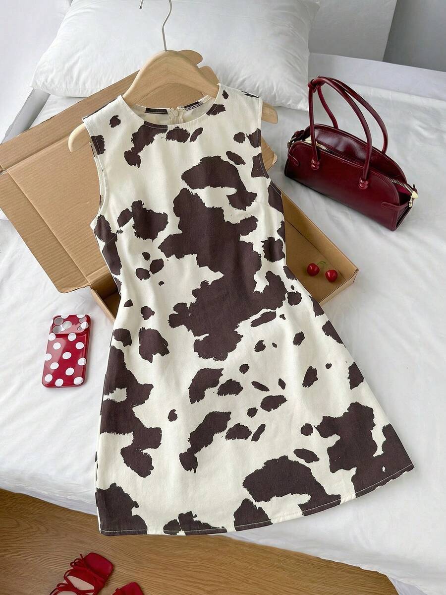 SHEIN Comfortcana 女士休闲度假奶牛印花无袖牛仔连衣裙 - 彩色 - 查看 1