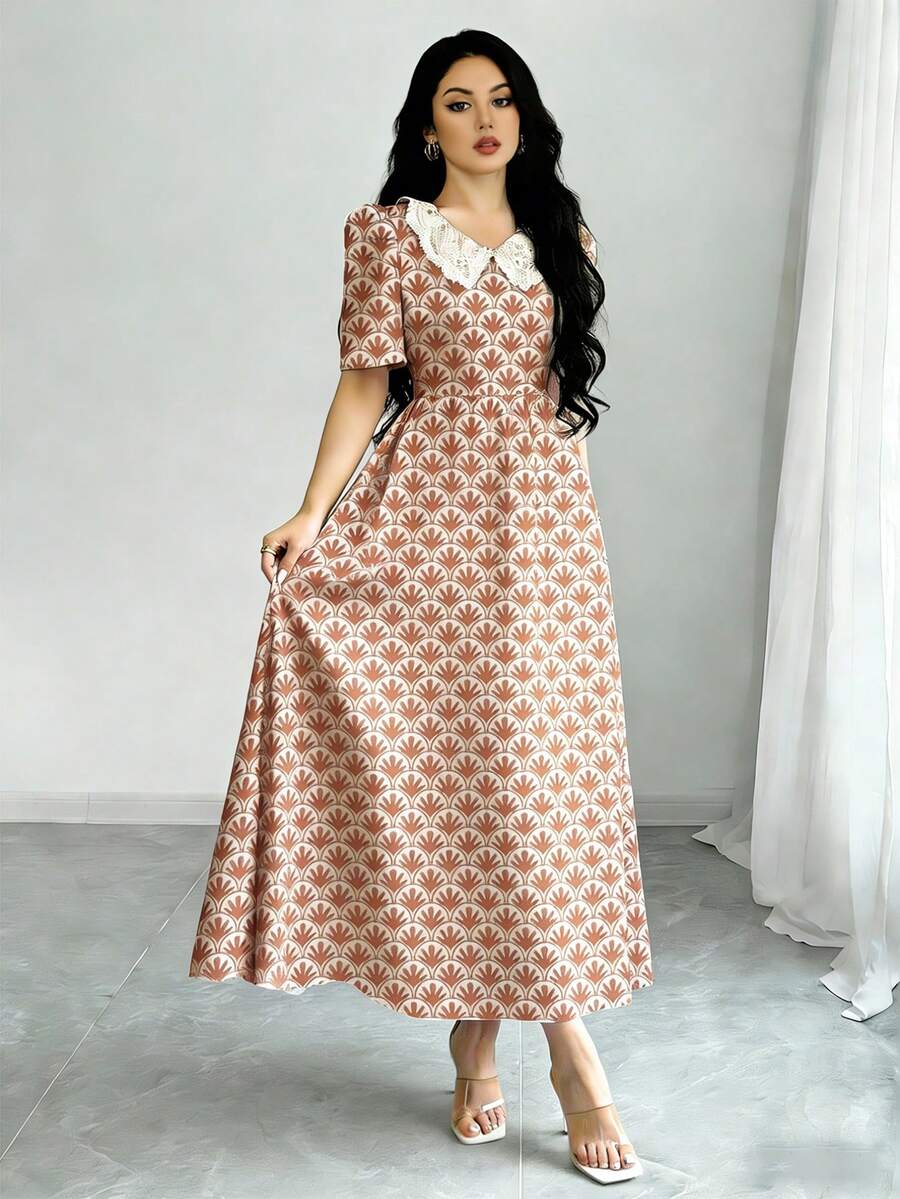 Modelyn V领蕾丝拼接碎花短袖收腰连衣裙，女士长款碎花连衣裙，适合夏季度假和日常穿着 - 彩色 - 查看 1