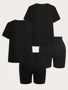 SHEIN EZwear 4件套加大码纯色套装 - 2件短袖上衣 + 2条及膝短裤 - 黑色 - 查看 1
