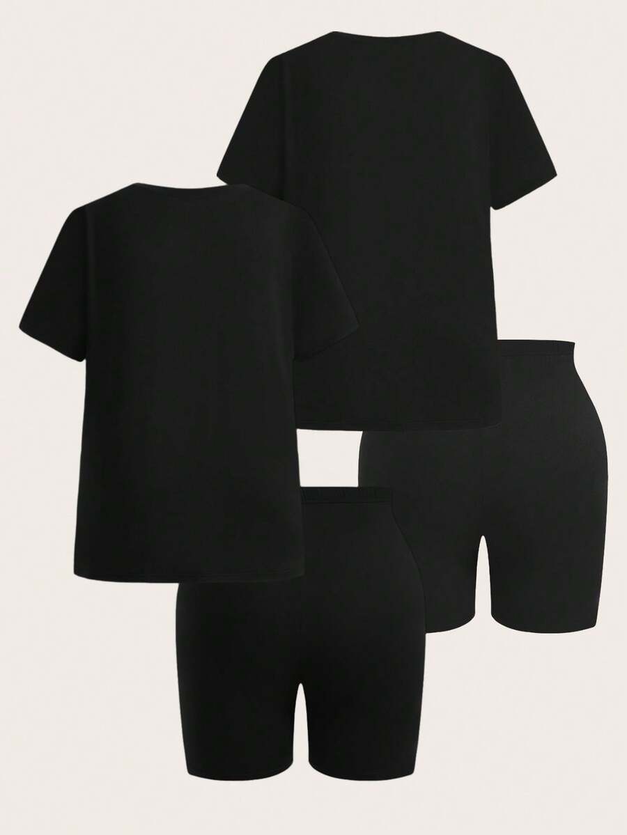 SHEIN EZwear 4件套加大码纯色套装 - 2件短袖上衣 + 2条及膝短裤 - 黑色 - 查看 1