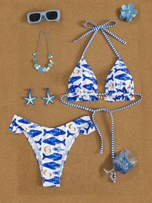 Swim Vcay 2件套海洋印花三角挂脖系带比基尼泳衣（女款） - 藍白色 - 查看 8