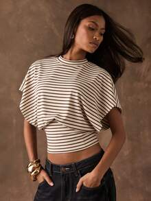 SHEIN BAE 休闲简约风格杏棕色条纹优雅百搭蝙蝠袖收腰T恤，适合春夏穿着 - 彩色 - 查看 4