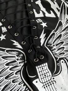 Whyspr Camiseta de manga corta con estampado de guitarra y alas y tirantes cruzados, talla grande para verano - Negro - Ver 6