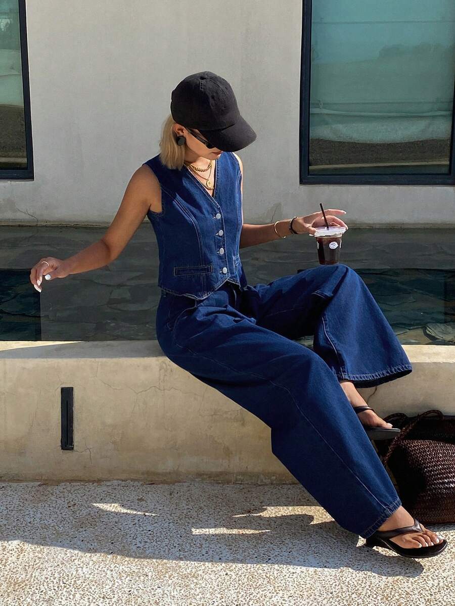 DAZY 女士休闲水洗牛仔背心和阔腿牛仔裤套装，春夏款 - 中等水洗藍 - 查看 1