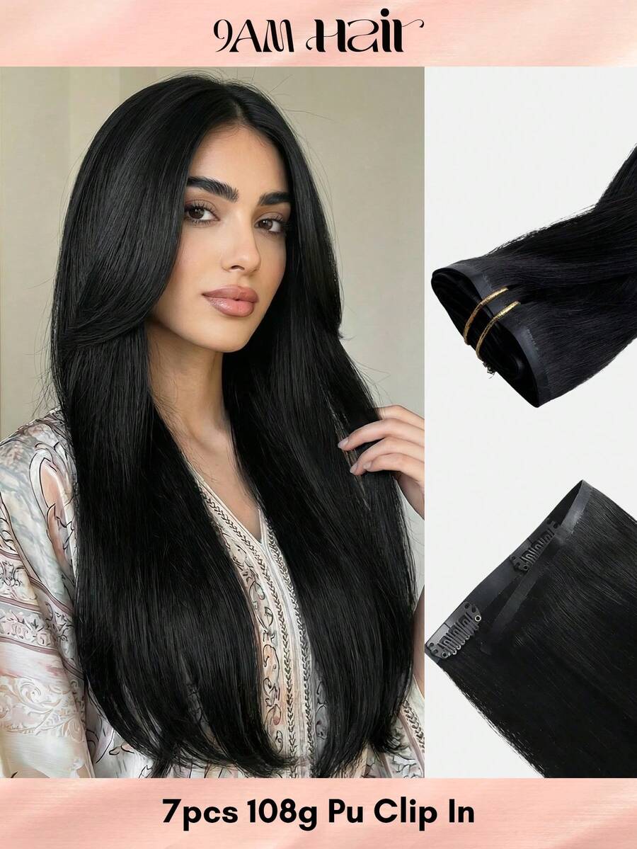 Seamless Clip Ins Extensiones de cabello humano 100% real 7 piezas, extensiones de cabello humano con clips sin costuras de PU, cabello liso de 14-22 pulgadas, color negro azabache, extensiones de cabello Remy con piel de 110 g con clips - S1 - Ver 1