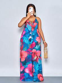SOLERSUN Mono con estampado floral de cuello en V con volantes y espalda descubierta, con adornos de cuentas metálicas y pantalones anchos de pierna A-line, adecuado para uso casual diario, reuniones, citas, San Valentín, viajes, vacaciones en la playa, Año Nuevo, festivales de música, carnavales, una prenda de vestir de estilo bohemio sexy y elegante para mujeres. Conjuntos tropicales de Burkina para mujeres, conjunto hawaiano para mujeres - Azul - Ver 6
