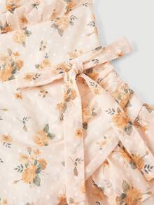 Skyraze Women's Orange Floral Summer Modest Picnic Cutout Chiffon Ruffle Tie Backless Layered Pleated Bust Mini Skirt Cottagecore Tea Party Dress, - Yellow - View 3