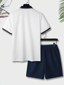 Manfinity Homme 男士短袖 Polo 衫套裝，海軍藍與白色夏季休閒度假 2 件套，老錢風白色 Polo 衫與短褲套裝 - 寶藍色 - 查看 8