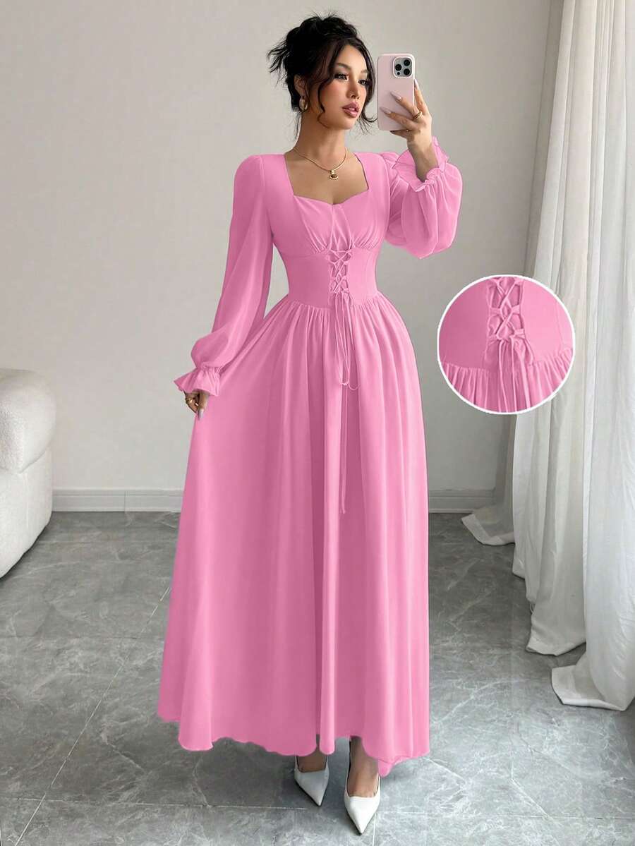 Modelyn Women's Solid Color Sweetheart Neck Tie-Up Design Elegant Waist Cinched Dress - Pink - View 1