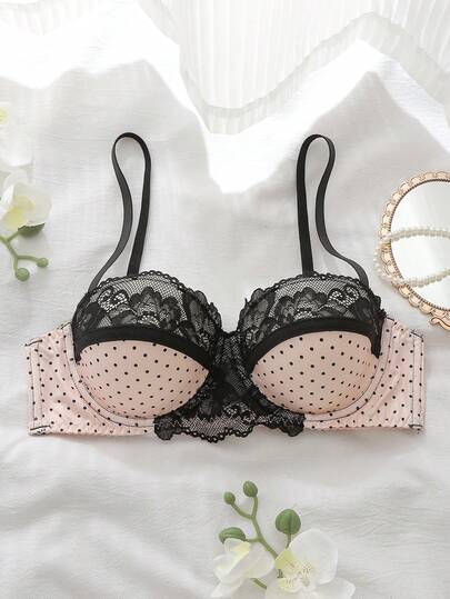 DelicateAllure Everyday Versatile Polka Dot Contrast Lace Bra, Underwire Supportive Comfortable Lingerie, 1pc Push Up Bra And Panty Sets Push Up Bra Lace Lingerie For Women Adult Push Up Lingerie Push Up Bras For Women