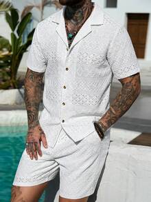 Manfinity RSRT 男士纯色休闲度假风提花短袖衬衫和短裤套装 - 白色 - 查看 1