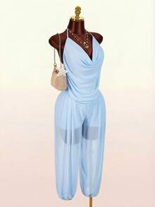 2026 New Deep V-Neck Casual Vacation Lantern Pants Jumpsuit For Women - Blue - View 10