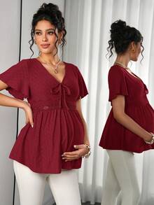 Momance 镂空刺绣褶皱胸前装饰优雅可爱休闲孕妇T恤 - 紅色 - 查看 1