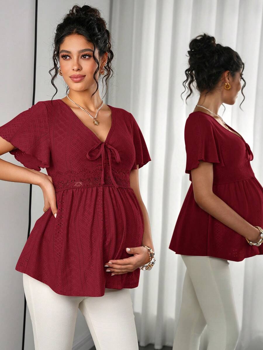 Momance 镂空刺绣褶皱胸前装饰优雅可爱休闲孕妇T恤 - 紅色 - 查看 1