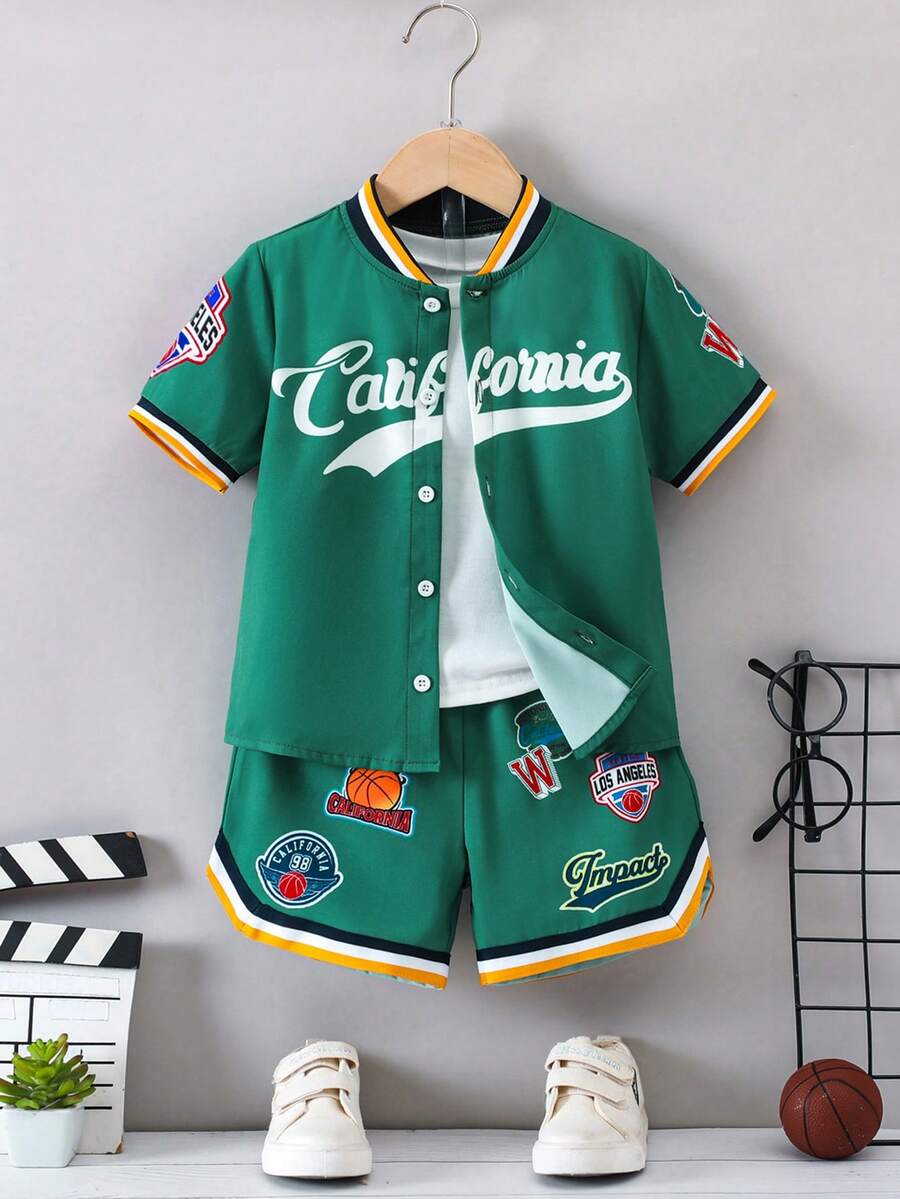 SHEIN Chàng trai trẻ Đồ họa Chữ cái Sọc trang trí Cổ Đứng Áo sơ mi & Quần short Without Tee - màu xanh lá - Xem 1