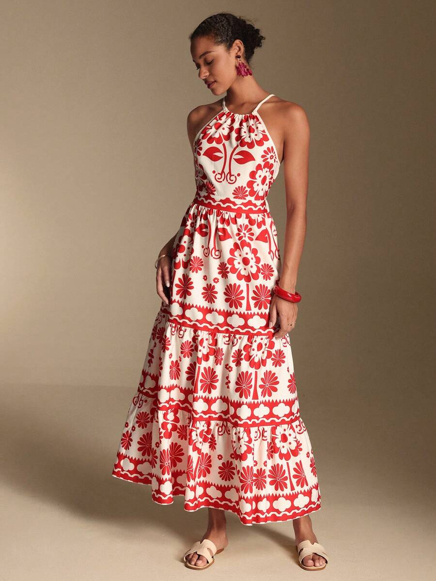 Swim Oasis Đầm hai dây in hoa đỏ kiểu Pháp cổ điển mùa xuân/hè 2026, cạp cao, dáng chữ A xòe, thích hợp cho đi làm, tụ họp bạn bè hoặc đi nghỉ mát. - Nhiều màu - Xem 1