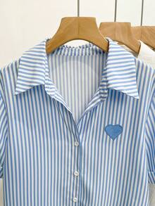 Resyla 女士条纹印花爱心刺绣休闲短袖衬衫 - 藍白色 - 查看 6