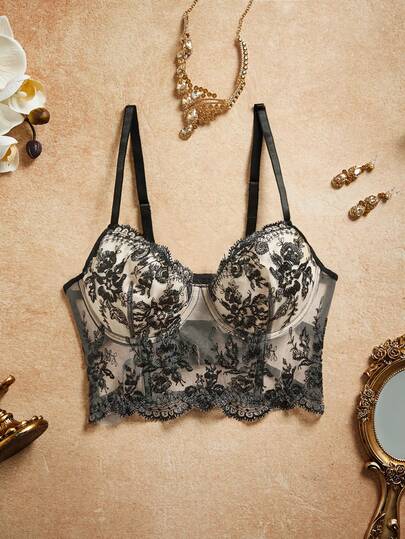 Myrelith ชุดชั้นในลูกไม้ปักดอกไม้ ผ้าตาข่าย