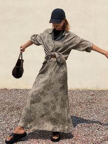 Dazy-Less 女士印花纽扣衬衫和A字裙休闲两件套 - 棕色 - 查看 6