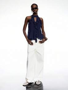 LYSMO 2026 New Navy Blue Ruffle Trim Chiffon Tie Back Blouse - Bohemian Style Summer Design - Navy Blue - View 3