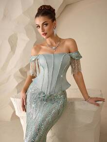 Coutiva Đầm dạ hội đuôi cá trễ vai thanh lịch đính sequin và tua rua - Màu xanh Bạc hà - Xem 6