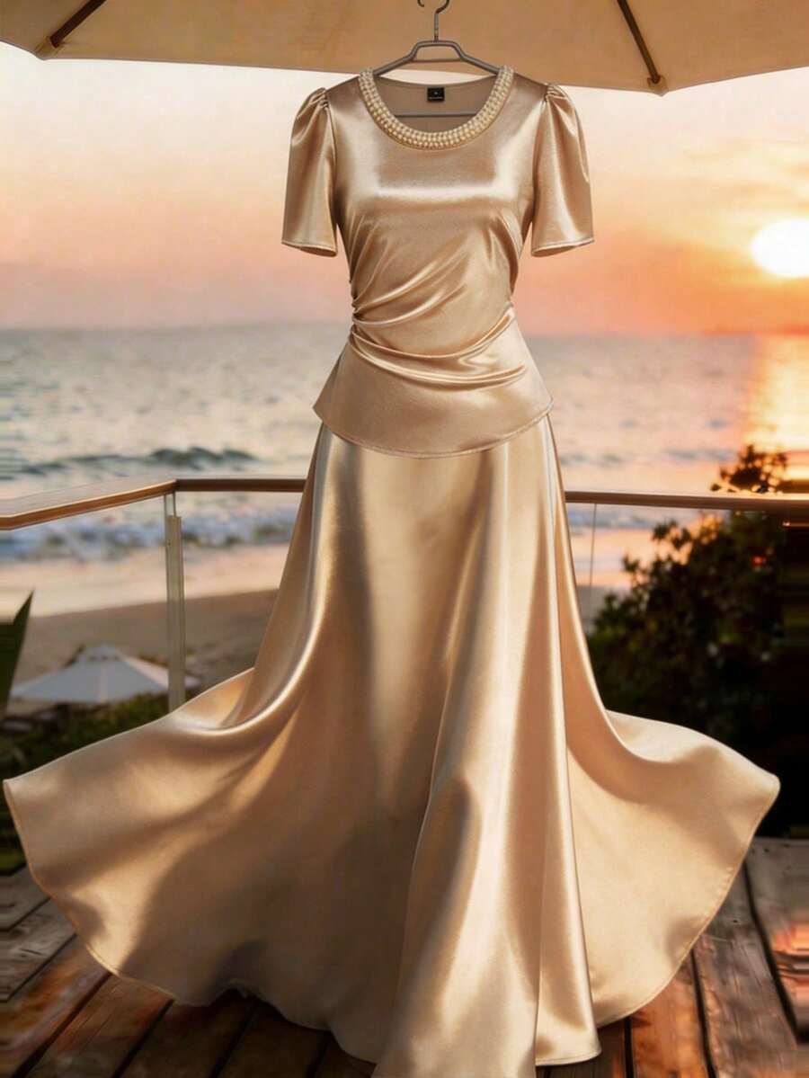 Franclia 2026春夏女士优雅缎面亮面舞会及日常穿着长款连衣裙，腰部褶皱设计，珍珠领装饰短袖上衣两件套，女士优雅半身裙套装，配套半身裙套装，优雅女装，女士套装，女士优雅服装，正式礼服，女士半身裙套装，女士正式婚礼服装，女士两件套，游艇连衣裙，裹身裙，婚礼宾客惊艳礼服，女士裹身连衣裙，特殊场合精美礼服，奢华晚礼服，招待会礼服，奢华礼服，女士婚纱 - 香檳色 - 查看 1