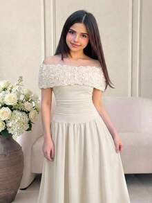 Đầm dài trễ vai xếp ly phối ren thanh lịch dành cho thiếu nữ, đầm dự tiệc, đầm lưới jacquard họa tiết hoa hồng phối ren, đầm xuân/hè. - Màu be - Xem 1