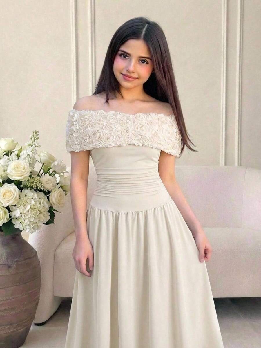 Đầm dài trễ vai xếp ly phối ren thanh lịch dành cho thiếu nữ, đầm dự tiệc, đầm lưới jacquard họa tiết hoa hồng phối ren, đầm xuân/hè. - Màu be - Xem 1