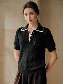 Anewsta Áo dệt kim màu ngà voi kiểu Pháp thanh lịch, họa tiết đồng xu cổ điển, chất liệu móc 3D, cúc vàng rỗng, thích hợp cho mùa xuân/hè. - màu đen - Xem 5