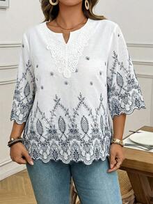 Easowa Curve Plus Size Casual Embroidered Shirt - Multicolor - View 1