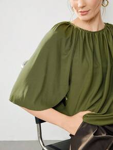 Uhlyne Uhlyne Asymmetrical Design Casual Commuting Single Sleeve Women T-Shirt,Autumn,Minimalist,Business Casual,Holiday,Work Wear,Teacher,Back To School,Fall,Old Money Style - Olive Green - View 8