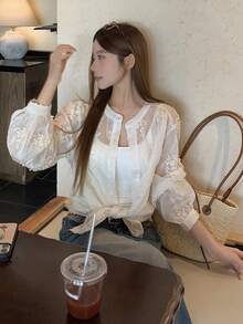 DAZY Women's Lace Long Sleeve Blouse, Elegant Style For Spring & Summer - Apricot - View 8