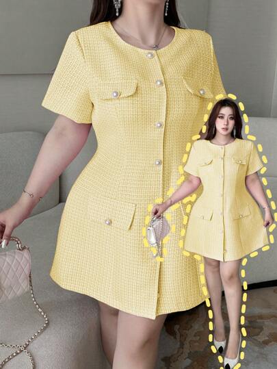 Vibekara เดรสหรูหราคอกลมแขนสั้นกระดุมแถวเดียวสำหรับผู้หญิงไซส์ใหญ่