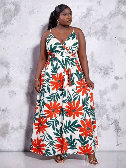 CurvyTilda Vestido sin mangas de talla grande para mujer con estampado de plantas tropicales, ideal para vacaciones