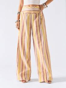 LYSMO Quần ống rộng kẻ sọc phối màu, phong cách thường ngày dành cho nữ, thích hợp đi làm. - Nhiều màu - Xem 4