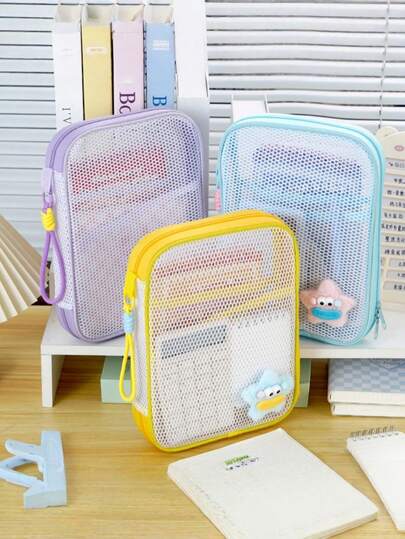 A4/A5 Transparent Mesh Document Bags, Double-Ended Zippers Dopamine Color Ticket Organizer Large-Capacity Pencil Case, Cosmetic Organizer Travel Organizer, Suitable For Storing Documents Stationery Cosmetics Data Cables Toiletries. Three Colors Available.