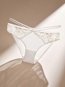 LUVLETTE Low-Rise White Embroidered Elegance Lingerie Floral Lace & Demi-Sheer Mesh & Strappy Sexy Briefs - Gold - View 9