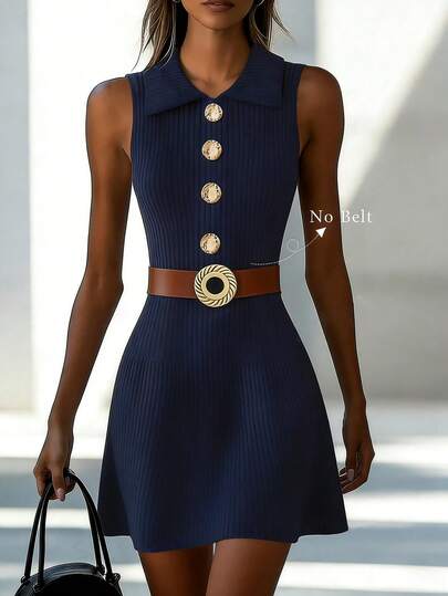 Franclia Women's Spring/Summer Commute, Casual, Elegant, Versatile, Solid Color, Lapel Collar, Straight Shoulders, Slim Fit, Sleeveless, Metal Buckle, A-Line Hem, Regular-Style Knit Sweater Dress; Suitable For Summer Holidays, Women's Beachwear, Elegant Dress, Resort Wear, Blue Dressfashionable Casual Commuter Wear, Business Office Wear, Versatile And Stylish Everyday Casual Wear, Urban Teacher's Professional Attire Navy Dress Preppy Dress