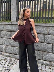 Jeta Ari Model Terbaru 2025 Atasan Halter Chiffon Berkerut Cokelat dengan Tali Pengikat – Gaya Musim Panas Boho - Coffee Brown - View 5
