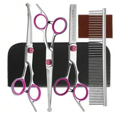 طقم مقصات تشذيب للكلاب والقطط - طقم تشذيب كامل مع مقصات تشذيب ومقصات منحنية ومشط - الشفرات معالجة بالبرودة وأكثر متانة للاستخدام المهني