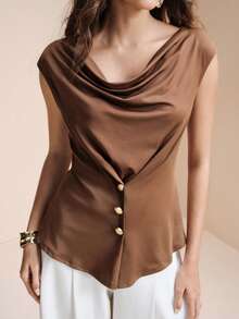 Arave 女士弹力针织修身上衣，褶皱领口，收腰设计，金属扣，不对称下摆，适合日常通勤 - 棕色 - 查看 7