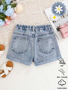 Quần short denim thời trang cho bé gái tuổi teen, hàng mới về mùa hè nhẹ nhàng, màu xanh nhạt, phong cách đường phố thường ngày, thiết kế dành cho kỳ nghỉ, kiểu dáng cơ bản đơn giản 5 túi, eo chun, gấu quần xắn, in họa tiết hoa cúc, dáng rộng không co giãn, chất liệu cotton mềm mại, thích hợp mặc hàng ngày, dự tiệc, đi học, đi làm, bộ sưu tập mới Xuân/Hè 2026. - Rửa trung bình - Xem 2
