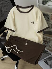 Manfinity Joysei Men's Casual Star Embroidery Trim Short Sleeve T-Shirt And Shorts Set, Summer - Beige - View 3