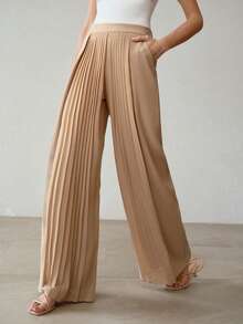 MOTF PREMIUM SUMMER NEW FASHION PLEATED PATCHWORK DESIGN CULOTTES, WOMEN KHAKI DRAPING WIDE LEG PALAZZO PANTS - Khaki - View 2